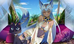 Rule 34 | 1girl, absurdres, animal ears, armlet, bare shoulders, blue bow, blue eyes, blue sky, bow, breasts, brown eyes, cat, cleavage, closed mouth, cloud, covered navel, detached sleeves, earrings, egyptian, egyptian clothes, gold bracelet, grey hair, happy birthday, highres, indie virtual youtuber, jewelry, large breasts, long hair, nairu nirvana, paw print, pillow, plant, sky, solo, specterehd, tail, tail bow, tail ornament, tan, thumbs up, usekh collar, virtual youtuber