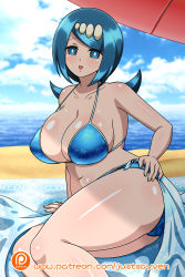 Rule 34 | 1girl, ass, beach, beach towel, bikini, blue bikini, blue eyes, blue hair, blue sky, blurry, blurry background, breasts, cleavage, cloud, cloudy sky, creatures (company), day, female focus, game freak, hair ornament, highres, horizon, lana&#039;s mother (pokemon), large breasts, looking at viewer, medium hair, nintendo, ocean, open mouth, outdoors, pokemon, pokemon (anime), pokemon sm (anime), sand, sarong, shiny skin, sky, smile, solo, swimsuit, tongue, towel, water, yensh
