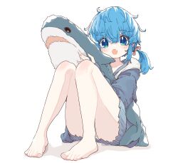 Rule 34 | 1girl, :o, absurdres, aoi tori, bare legs, barefoot, blue eyes, blue hair, blue jacket, blush, collarbone, commentary request, fang, feet, full body, hair between eyes, highres, holding, holding stuffed toy, hood, ikea shark, jacket, knees together feet apart, knees up, legs, long sleeves, looking at viewer, open mouth, original, panties, pantyshot, ponytail, sidelocks, simple background, sitting, skin fang, skirt, smile, solo, stuffed animal, stuffed shark, stuffed toy, toenails, toes, twintails, underwear, white background, white panties
