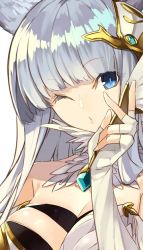 Rule 34 | 10s, 1girl, animal ears, bare shoulders, blue eyes, breasts, cat ears, close-up, elbow gloves, erune, fingerless gloves, gloves, granblue fantasy, hair ornament, korwa, large breasts, long hair, looking at viewer, one eye closed, quill, senmu (senmudayo), silver hair, solo, upper body, white gloves