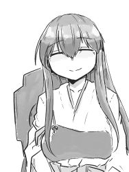 Rule 34 | 1girl, akagi (kancolle), breasts, closed eyes, closed mouth, collarbone, flight deck, greyscale, hair between eyes, hair over shoulder, hakama, hakama skirt, highres, japanese clothes, kantai collection, kimono, large breasts, long hair, machinery, monochrome, muneate, poyo (hellmayuge), rigging, shaded face, simple background, skirt, smile, solo, tasuki, upper body, white background