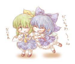 Rule 34 | 2girls, blue hair, bow, chibi, cirno, closed eyes, colored pencil (medium), daiyousei, dress, green eyes, green hair, hair bow, hair ribbon, ice, ice wings, multiple girls, necktie, one eye closed, open mouth, ribbon, short hair, side ponytail, simple background, smile, touhou, traditional media, white background, wings, ziogon
