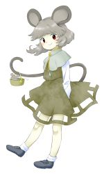 Rule 34 | . ., 1girl, :3, animal, animal ears, ankle socks, arms behind back, basket, blush, brown skirt, brown vest, capelet, closed mouth, clothing cutout, floating hair, from side, full body, grey capelet, grey footwear, grey hair, high collar, highres, holding, holding with tail, in basket, in container, jewelry, leg up, legs apart, long sleeves, looking at viewer, looking to the side, mandarin collar, medium skirt, mouse (animal), mouse ears, mouse girl, mouse tail, nazrin, nonamejd, official style, pendant, pleated skirt, prehensile tail, red eyes, shoes, short hair, simple background, skirt, smile, socks, solo, standing, tail, tail raised, tareme, touhou, undershirt, vest, white background, white socks, zun (style)