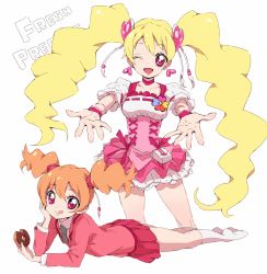 Rule 34 | 00s, 2girls, :q, ;d, blonde hair, bow, copyright name, cure peach, doughnut, dual persona, food, fresh precure!, hair ornament, heart, heart hair ornament, long hair, looking at viewer, lying, magical girl, momozono love, multiple girls, one eye closed, open mouth, owarine miku, pink bow, pink eyes, precure, school uniform, simple background, skirt, smile, tongue, tongue out, twintails, white background, wink