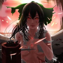 Rule 34 | 1girl, bad id, bad pixiv id, black hair, blood, blood on face, bow, breasts, chaki (emeraldia), close-up, covering privates, covering breasts, glowing, glowing eyes, hair bow, highres, injury, large breasts, long hair, looking at viewer, lava, red eyes, reiuji utsuho, shirt, sleeveless, sleeveless shirt, solo, sunburst, torn clothes, touhou, upper body, wings