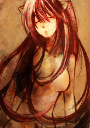 Rule 34 | 00s, 1girl, cooldoll, elfen lied, closed eyes, highres, long hair, lucy (elfen lied), parted lips, red hair, sepia, solo