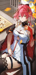 1girl absurdres ahoge bare_shoulders black_bow black_collar black_jacket black_sleeves black_thighhighs board_game body_markings bow braid breasts changli_(wuthering_waves) chinese_commentary cleavage collar collarbone colored_extremities commentary_request crossed_legs detached_sleeves dress go_(board_game) hair_between_eyes hair_bow hair_extensions hair_intakes hair_ornament halterneck hand_up highres jacket kaoru_sueyoko large_breasts looking_at_viewer multicolored_hair parted_lips pink_hair red_hands ring_hair_extensions sitting smile solo tacet_mark_(wuthering_waves) thigh_strap thighhighs thighs twin_braids two-tone_hair white_dress white_hair wuthering_waves yellow_eyes