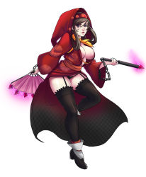 Rule 34 | 1girl, amagi yukiko, ascot, black panties, blue eyes, boots, breasts, brown hair, chain, chimerism, cleavage, folding fan, fusion, garter straps, greenmarine, hair rings, hairband, hand fan, highres, hood, japanese clothes, kimono, knee boots, kurenai (red ninja), large breasts, long hair, looking at viewer, megami tensei, neckerchief, no bra, nose, obi, odin sphere, open clothes, open kimono, panties, persona, persona 4, red ninja, sash, shin megami tensei, showgirl skirt, simple background, socks, striped clothes, striped thighhighs, thighhighs, underwear, velvet (odin sphere), vertical-striped clothes, vertical-striped thighhighs, white background