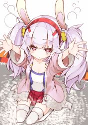 Rule 34 | 1girl, absurdres, animal ears, arms up, azur lane, breasts, carpet, cleavage, collarbone, expressionless, fake animal ears, hair ornament, headband, highres, jacket, laffey (azur lane), light purple hair, long hair, looking at viewer, red eyes, seiza, sitting, solo, thighhighs, twintails, white thighhighs