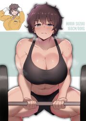 Rule 34 | 1girl, abs, amogan, barbell, bare arms, bare shoulders, biceps, black shorts, black sports bra, blue eyes, breasts, brown hair, character name, cleavage, clenched hands, closed mouth, commentary, commission, cropped torso, dark-skinned female, dark skin, exercise, girls und panzer, gloves, grin, hair between eyes, half-closed eyes, hands up, height, highres, jumpsuit, large breasts, light blush, looking at viewer, midriff, multiple views, muscular, muscular female, navel, orange jumpsuit, pixiv commission, short hair, shorts, smile, split mouth, sports bra, squatting, steaming body, suzuki (girls und panzer), sweat, thick thighs, thighs, weight, weightlifting, white gloves