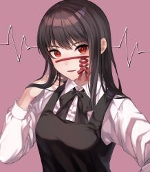 Rule 34 | 1girl, absurdres, amanami (v), black bow, black bowtie, black hair, bow, bowtie, cardiogram, chainsaw man, collared shirt, commentary, fourth east high school uniform, highres, long hair, long sleeves, looking at viewer, parted lips, pink background, red bow, red eyes, red ribbon, ribbon, ringed eyes, ruffling hair, school uniform, shirt, simple background, smile, solo, upper body, white shirt, yoru (chainsaw man)