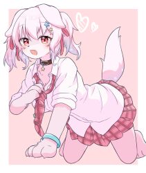 Rule 34 | 1girl, 2023, blue wristband, blush, breasts, cleavage, collar, furry, furry female, heart, hetakitsune, looking at viewer, medium breasts, open mouth, pink fur, pink hair, pink shirt, red eyes, red skirt, shirt, skirt, smile, solo, tail, wristband