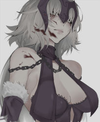 Rule 34 | 1girl, absurdres, blood, blood on face, breasts, chain, cleavage, collar, fate/grand order, fate (series), gesugao, helmet, highres, jeanne d&#039;arc (fate), jeanne d&#039;arc alter (avenger) (fate), jeanne d&#039;arc alter (fate), kidmukuro, looking at viewer, looking down, monochrome, silver hair, solo, yellow eyes