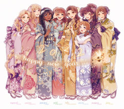 Rule 34 | 2022, 6+girls, :d, adapted costume, aladdin (disney), aqua kimono, ariel (disney), artist request, aurora (disney), beauty and the beast, belle (disney), black hair, blonde hair, blue eyes, blue kimono, braid, braided ponytail, brown eyes, brown hair, brown kimono, character name, child, closed mouth, company connection, copyright name, crossover, curly hair, dark-skinned female, dark skin, disney, earrings, english text, eyelashes, eyeshadow, fairy, fingernails, floral print, flower, flower braid, flying, full body, fur shawl, fur trim, furisode, gem, geta, green eyes, green kimono, grin, hair bun, hair flower, hair ornament, hair over shoulder, hairband, half updo, hand on another&#039;s arm, hand on another&#039;s shoulder, hand up, hands on another&#039;s arm, happy new year, hercules (disney), highres, holding another&#039;s arm, jane porter, japanese clothes, jasmine (disney), jewelry, kimono, leaning forward, leaning on person, light particles, lineup, lipstick, long hair, long sleeves, looking at viewer, makeup, megara (disney), miniskirt, mizala, multi-tied hair, multiple braids, multiple crossover, multiple girls, new year, obi, ok sign, ok sign over eye, one eye closed, open mouth, pearl (gemstone), peter pan (disney), pinching sleeves, pink flower, pink kimono, pleated skirt, ponytail, purple eyes, purple flower, purple kimono, purple ribbon, rapunzel (disney), red lips, ribbon, sash, shawl, side-by-side, simple background, single hair bun, skirt, sleeping beauty, sleeves past wrists, smile, standing, striped, striped sash, swept bangs, tabi, tangled, tarzan, the little mermaid, tinker bell (disney), twin braids, v, very long hair, wavy hair, wendy darling, white background, white flower, white legwear, wide sleeves, wings, yellow flower, yellow kimono