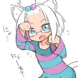 Rule 34 | 10s, 1girl, animal ears, bespectacled, blue eyes, cat ears, cat tail, creatures (company), dress, fang, flying sweatdrops, fukurou (owl222), game freak, glasses, gym leader, hair bobbles, hair ornament, kemonomimi mode, nintendo, open mouth, paw pose, pokemon, pokemon bw2, roxie (pokemon), short dress, simple background, smile, solo, striped clothes, striped dress, tail, topknot, white background, white hair