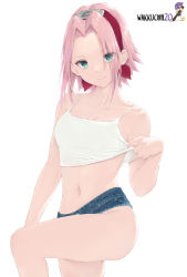 Rule 34 | 1girl, bare arms, bare legs, blue shorts, breasts, closed mouth, collarbone, eyes visible through hair, green eyes, hair intakes, hair over one eye, haruno sakura, headband, leg up, lifted by self, looking at viewer, medium hair, micro shorts, midriff, multiple girls, naruto (series), naruto shippuuden, navel, pink hair, red headband, shorts, simple background, small breasts, smile, solo, spaghetti strap, stomach, tank top, wakkuchin20, white background, white tank top