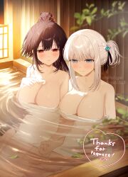 2girls bathing black_hair blue_eyes blush breasts cleavage closed_mouth collarbone commentary_request commission hair_ornament highres holding_hands large_breasts looking_at_another medium_hair multiple_girls naked_towel onsen original partially_submerged ponytail red_eyes sitting skeb_commission smile syandega towel water watermark white_hair yuri