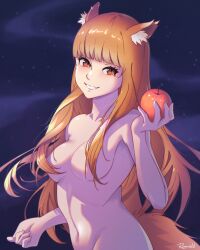 Rule 34 | 1girl, alternate breast size, animal ear fluff, animal ears, apple, blunt bangs, breasts, brown hair, cleavage, collarbone, commentary, completely nude, english commentary, eyelashes, floating hair, food, fruit, grin, hair censor, hair over breasts, hand up, highres, holding, holding food, holding fruit, holo, light blush, long hair, looking at viewer, medium breasts, midriff, navel, night, night sky, nose, nude, outdoors, ranveld, red eyes, sidelocks, signature, sky, smile, solo, spice and wolf, tail, tsurime, upper body, very long hair, wolf girl, wolf tail