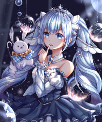 Rule 34 | 1girl, amulet, bare shoulders, blue dress, blue eyes, blue hair, blurry, blurry background, bubble, cane, capelet, caron, collar, commentary, curtains, detached collar, detached sleeves, dress, eighth note, finger to mouth, fortissimo, framed breasts, hair ornament, hand up, hatsune miku, highres, holding, holding cane, index finger raised, light blue hair, long sleeves, looking at viewer, musical note, musical note hair ornament, neck ruff, petticoat, plaid capelet, princess, puffy long sleeves, puffy sleeves, rabbit, rabbit yukine, rainbow, smile, snowflake hair ornament, strapless, strapless dress, tiara, upper body, vocaloid, white collar, window, yuki miku, yuki miku (2019)