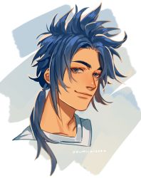 Rule 34 | 1boy, artist name, blouse, blue-haired boy (how to draw manga), blue eyes, blue hair, blush, closed mouth, collarbone, derivative work, forehead, hair intakes, hair tie, happy, highres, how to draw manga, how to draw manga redraw challenge (meme), light blush, long hair, looking at viewer, male focus, matching hair/eyes, meme, nose blush, ozumii, ponytail, portrait, shirt, sidelocks, signature, simple background, smile, solo, spiked hair, upper body, white shirt