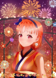 Rule 34 | 1girl, absurdres, artist name, artist request, back bow, bare shoulders, blue bow, blue hairband, blue hakama, blush, bow, braid, breasts, cloud, earrings, female focus, firework background, fireworks, flower earrings, frills, hair bow, hair ornament, hairband, hairclip, hakama, highres, japanese clothes, jewelry, kimono, looking at viewer, love live!, love live! school idol festival, love live! school idol festival all stars, love live! sunshine!!, medium breasts, mijuku dreamer, night, night sky, obi, on stage, orange hair, orange kimono, orange sleeves, outdoors, parted lips, plaid, plaid kimono, purple sky, red eyes, sash, short hair, short sleeves, side braid, single braid, sky, smile, solo, stage, stage lights, star (sky), striped sleeves, takami chika, upper body, yellow bow