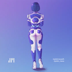 Rule 34 | 1girl, ass, blue hair, blue skin, colored skin, commentary, crop top, english commentary, from behind, gradient background, halo (series), halo infinite, highres, instagram username, jafet meza, medium hair, solo, the weapon (halo infinite), twitter username, watermark