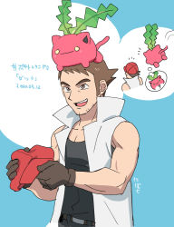 Rule 34 | 1boy, belt, black shirt, brown eyes, brown gloves, brown hair, coat, commentary request, creatures (company), dated, facial hair, game freak, gen 2 pokemon, gloves, hat, holding, holding clothes, holding hat, hoppip, male focus, nibo (att 130), nintendo, noland (pokemon), on head, open clothes, open coat, open mouth, pokemon, pokemon (creature), pokemon emerald, pokemon on head, pokemon rse, red headwear, shirt, short hair, sleeveless, sleeveless coat, smile, teeth, tongue, translation request, white coat