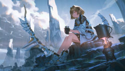 Rule 34 | 1girl, alchemy stars, armor, bird, black gloves, bow (weapon), closed mouth, cloud, cup, fingerless gloves, full body, gloves, hair between eyes, hair intakes, hair ornament, hands up, highres, holding, holding cup, jacket, long sleeves, looking at viewer, looking to the side, medium hair, reoen, shoes, shoulder armor, sidelocks, sitting, sky, smile, solo, teapot, thighs, vice (alchemy stars), weapon, white jacket