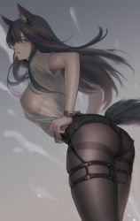 Rule 34 | 1girl, animal ear fluff, animal ears, arknights, ass, black hair, black pantyhose, blouse, blush, breasts, brown eyes, cowboy shot, hair between eyes, highres, jiam009, large breasts, long hair, looking at viewer, nipples, pantyhose, see-through, see-through shirt, shirt, short sleeves, skindentation, solo, standing, tail, texas (arknights), thighband pantyhose, thighs, white shirt, wolf ears, wolf tail