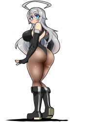 Rule 34 | 1girl, absurdres, antenna hair, aqua eyes, ass, blue eyes, blush, breasts, covered navel, curvy, elbow gloves, fingerless gloves, full body, gloves, grey hair, hair ornament, highleg, highleg leotard, highres, huge ass, large breasts, leotard, long hair, looking at viewer, looking back, mrglasses (artist), original, shiny clothes, simple background, solo, standing, very long hair, white background, wide hips, yu-li-na (mrglasses)