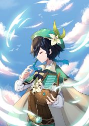 Rule 34 | 1boy, absurdres, androgynous, beret, black hair, blue hair, bow, braid, cape, closed eyes, closed mouth, cloud, cloudy sky, collared cape, collared shirt, corset, day, flower, frilled sleeves, frills, from side, gem, genshin impact, gradient hair, green hat, hat, hat flower, highres, holding, holding instrument, instrument, leaf, long sleeves, lyre, male focus, multicolored hair, outdoors, shirt, short hair with long locks, sky, solo, twin braids, venti (genshin impact), vision (genshin impact), white flower, white shirt, xiao fei