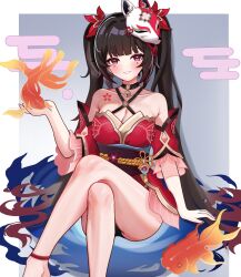 Rule 34 | 1girl, bare legs, bare shoulders, black choker, black hair, black sash, blunt bangs, borii, breasts, choker, cleavage, commentary, criss-cross halter, crossed legs, detached sleeves, dress, facial mark, feet out of frame, fox mask, grin, halterneck, hand up, highres, honkai: star rail, honkai (series), long hair, looking at viewer, mask, mask on head, medium breasts, o-ring, obi, pink eyes, red dress, sash, short sleeves, sitting, smile, solo, sparkle (honkai: star rail), thighs, twintails, very long hair