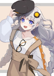 Rule 34 | 1girl, a.i. voice, ahoge, black hat, blue eyes, braid, collarbone, glasses, hair ornament, hat, hat tip, highres, holding, holding clothes, holding hat, kizuna akari, kizuna akari (a.i. voice), long hair, long sleeves, open mouth, saz8720, silver hair, smile, solo, twin braids, upper body, vocaloid, voiceroid