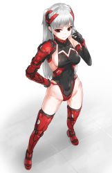 Rule 34 | 1girl, black gloves, black leotard, breasts, commentary request, contrapposto, covered navel, elbow gloves, full body, gloves, hand on own hip, kfr, leotard, long hair, looking at viewer, medium breasts, original, red eyes, silver hair, smile, solo, standing, twintails, white background