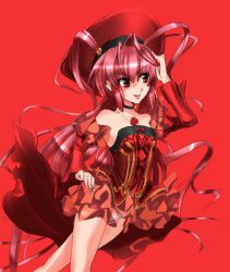 Rule 34 | 00s, 1girl, another blood, demonbane, dress, hat, long hair, red background, red eyes, red hair, red theme, shinjin marimo, simple background, solo