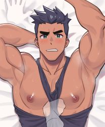 Rule 34 | 1boy, absurdres, armpits, bara, bare pectorals, black hair, black tank top, blush, breath, dark-skinned male, dark skin, green eyes, highres, large pectorals, little mac, lying, male focus, milkiato, muscular, muscular male, nintendo, nipples, on back, on bed, pectoral focus, pectorals, pov, punch-out!!, see-through silhouette, short hair, solo focus, tank top, thick eyebrows, upper body