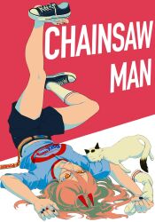 Rule 34 | 1girl, blue shirt, brown hair, cat, chainsaw man, copyright name, cross-shaped pupils, hair flowing over, highres, horns, ht no9, long hair, looking at viewer, meowy (chainsaw man), nail polish, power (chainsaw man), red horns, shirt, shoes, shorts, single shoe, single sock, socks, solo focus, symbol-shaped pupils, upside-down, white cat, yellow eyes