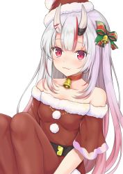Rule 34 | 1girl, absurdres, bare shoulders, bell, choker, christmas, collarbone, commentary request, dress, fang, gradient hair, hair ornament, hat, highres, hololive, horns, long hair, multicolored hair, nakiri ayame, neck bell, off-shoulder dress, off shoulder, red choker, red dress, red eyes, red hair, rgrey00, santa costume, santa hat, silver hair, skin-covered horns, solo, streaked hair, virtual youtuber