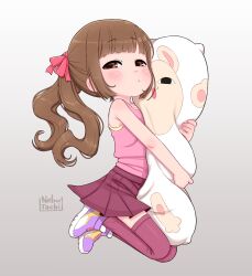 Rule 34 | 1girl, artist logo, bare arms, bare shoulders, blush, brown eyes, brown hair, camisole, child, closed mouth, commentary, dakimakura (object), english commentary, gradient background, grey background, hair ribbon, half-closed eyes, highres, hugging object, long hair, looking at viewer, miniskirt, original, pillow, pink camisole, pinkbunnyjuice, pleated skirt, purple footwear, red ribbon, red skirt, red thighhighs, ribbon, shoes, sidelocks, skirt, sneakers, solo, thighhighs, twintails