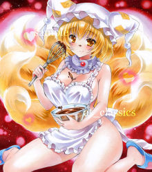 Rule 34 | 1girl, apron, at classics, bare legs, blonde hair, bowl, breasts, brown eyes, chocolate, chocolate on face, female focus, food, food on face, fox tail, hat, heart, large breasts, light smile, multiple tails, naked apron, sample watermark, sandals, solo, tail, touhou, traditional media, watermark, yakumo ran