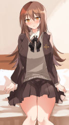 Rule 34 | 1girl, black bow, black jacket, black skirt, blazer, blush, bow, brown eyes, brown hair, collared shirt, dress shirt, feet out of frame, grey sweater, hair between eyes, head tilt, highres, jacket, kinona, knees together feet apart, long hair, looking at viewer, open clothes, open jacket, original, parted lips, pillow, pleated skirt, shirt, skirt, solo, sweat, sweater, very long hair, white shirt