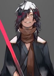 Rule 34 | 1boy, black hair, black jacket, brown scarf, commentary request, evil grin, evil smile, fate/grand order, fate (series), grey background, grin, hair over one eye, highres, holding, holding weapon, jacket, japanese clothes, katana, long hair, looking at viewer, male focus, okada izou (fate), open mouth, orange eyes, scarf, simple background, smile, solo, sword, teeth, upper body, weapon, yoshio (55level)