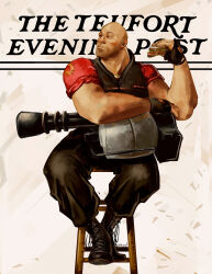 1boy art_study bald beard_stubble black_boots black_pants black_vest boots broad_shoulders eating facial_hair food ghostsberry gun heavy_(tf2) highres looking_to_the_side male_focus muscular muscular_male norman_rockwell_(style) pants red_shirt sandwich shirt sitting stool stubble team_fortress_2 vest weapon