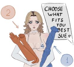 1girl alternate_costume anger_vein arrow_(symbol) bikini blonde_hair blue_eyes breasts choker dildo earrings elbow_gloves english_text fantastic_four fist_dildo gloves highres horse_dildo huge_dildo jewelry marvel marvel_rivals medium_breasts necweburda sex_toy speech_bubble sue_storm swimsuit upper_body white_bikini white_choker white_gloves