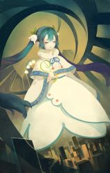 Rule 34 | 1girl, absurdres, alternate costume, aqua hair, asllence, capelet, cityscape, closed eyes, eyeshadow, floating, flower, gradient background, hairband, hatsune miku, highres, lily of the valley, long hair, makeup, snowflake print, solo, twintails, very long hair, vocaloid