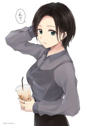 Rule 34 | 1girl, artist name, black camisole, black hair, camisole, commentary request, cup, disposable cup, drink, drinking straw, green eyes, grey shirt, highres, holding, holding cup, holding drink, long sleeves, looking at viewer, original, parted lips, pocket, see-through, see-through shirt, setu kurokawa, shirt, short hair, simple background, solo, speech bubble, translation request, twitter username, upper body, watermark, white background