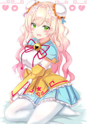 Rule 34 | 1girl, :d, blonde hair, blue capelet, blush, breasts, capelet, detached sleeves, double bun, dress, fang, flower, flower print, foot out of frame, frilled sleeves, frills, gradient hair, green eyes, hair between eyes, hair bun, hair flower, hair ornament, highres, hololive, large breasts, leaning to the side, long hair, long sleeves, looking at viewer, momosuzu nene, momosuzu nene (old design), multicolored clothes, multicolored dress, multicolored hair, neck bell, no shoes, open mouth, pantyhose, pink hair, pleated dress, red ribbon, ribbon, short dress, simple background, sitting, skin fang, sleeveless, sleeveless dress, smile, solo, tongue, two side up, virtual youtuber, wavy hair, white background, white pantyhose, wide sleeves, yellow sleeves, yuano