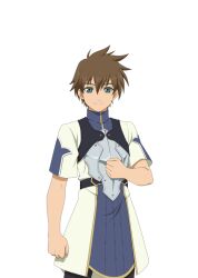 Rule 34 | 1boy, allen (tales), blue eyes, brown hair, chest armor, clenched hands, cowboy shot, hair between eyes, hand on own chest, looking at viewer, male focus, official art, short hair, short sleeves, smile, solo, tales of (series), tales of asteria, tales of link, transparent background