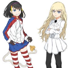 Rule 34 | 2girls, alternate hairstyle, ascot, black gloves, black hair, black pantyhose, blonde hair, blue eyes, blue jacket, blue skirt, captain baldwin, commentary, crossed arms, demon tail, dress, english commentary, gloves, gradient hair, hairstyle switch, highres, jacket, leivinia birdway, lessar, long hair, long sleeves, looking at viewer, mechanical tail, medium hair, multicolored clothes, multicolored hair, multicolored jacket, multiple girls, pantyhose, parted lips, red jacket, shirt, skirt, smile, striped clothes, striped thighhighs, tail, thighhighs, toaru majutsu no index, white ascot, white background, white dress, white jacket, white shirt