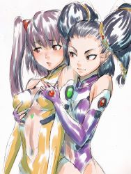 Rule 34 | 00s, 2girls, :o, bare shoulders, black hair, blush, bodysuit, bougainvillea, breasts, brown eyes, covered erect nipples, covered navel, elbow gloves, fingerless gloves, from side, fumio (rsqkr), gloves, grabbing, grabbing another&#039;s breast, grabbing from behind, grey hair, hair ornament, halterneck, leotard, light smile, long hair, looking at another, looking away, mintao, moaning, multi-tied hair, multiple girls, naughty face, pilot suit, purple gloves, red eyes, short hair, short twintails, simple background, sketch, smile, sora wo kakeru shoujo, turtleneck, twintails, upper body, white background, yellow gloves, yuri
